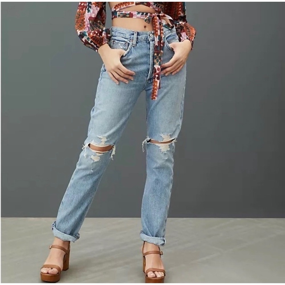 AGOLDE Riley High Rise Straight Leg Jeans Light Wash Distressed Size 28‎
